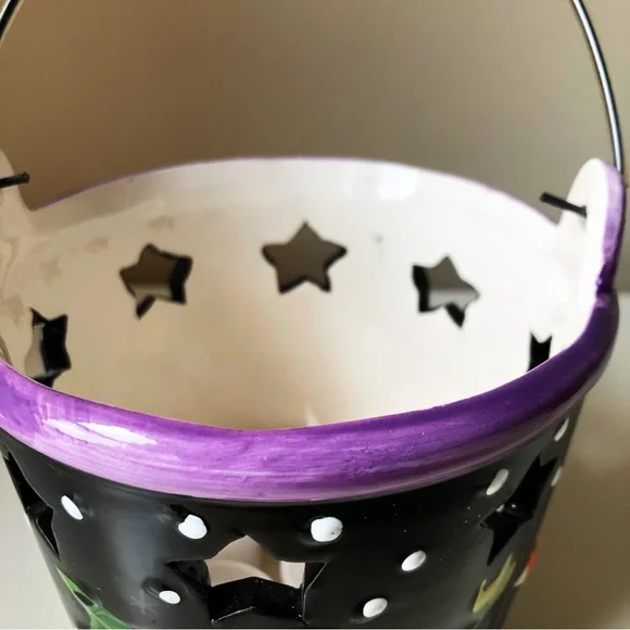 Ceramic Halloween Bucket Candle or Candy Holder Handle Open Stars Hand Painted - Picture 3 of 10